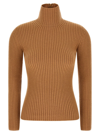 Cardigan by Max Mara for women in polyamide & cashmere beige features a nuanced silhouette with a refined turtle high-neck neckline and nuanced long-sleeve detailing for a sophisticated look.