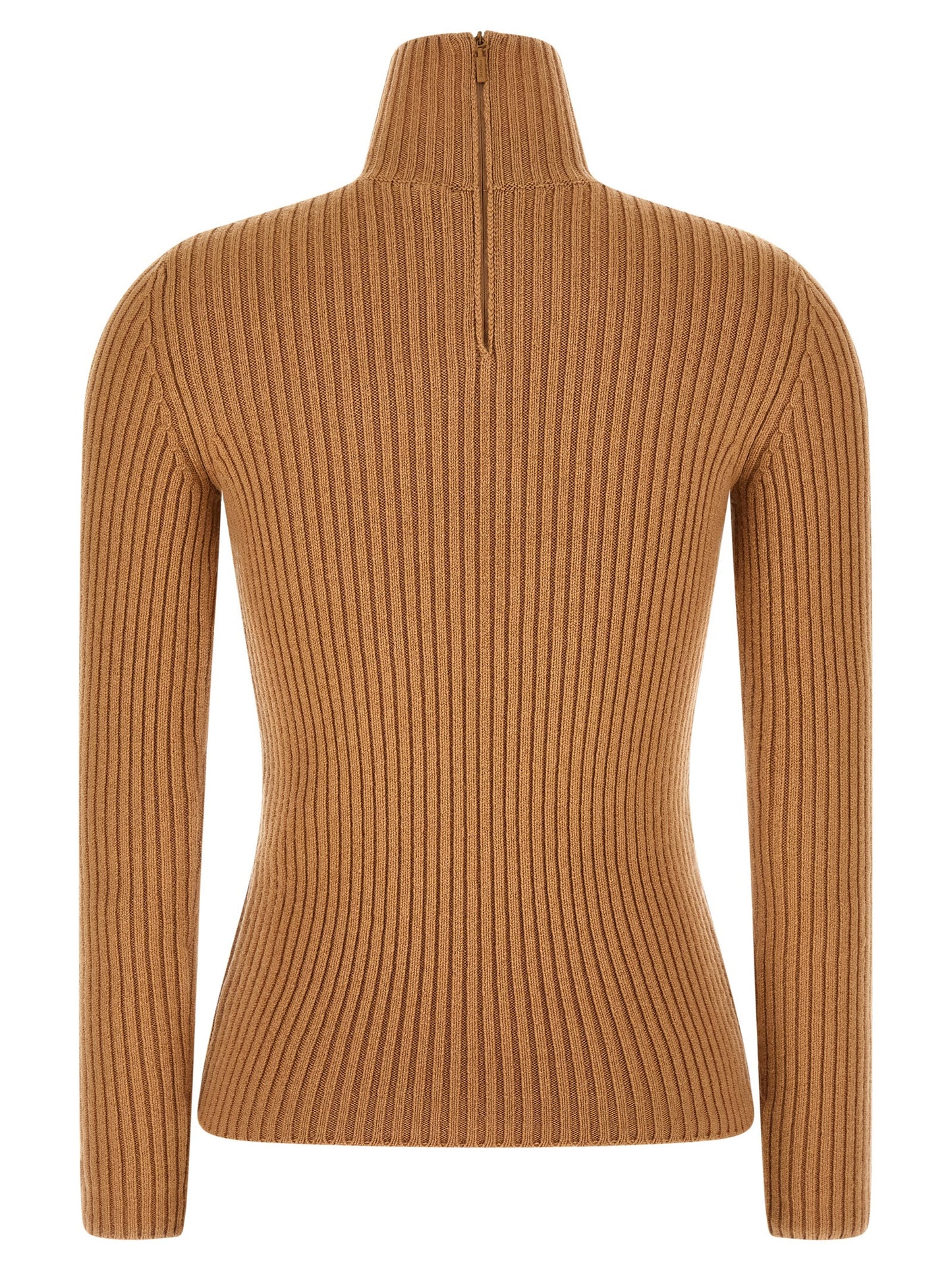 Cardigan by Max Mara for women in polyamide & cashmere beige features a dramatic silhouette, showcasing a sophisticated turtle high-neck neckline and dramatic detail for a timeless, premium look.