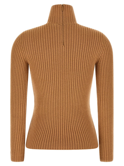 Cardigan by Max Mara for women in polyamide & cashmere beige features a dramatic silhouette, showcasing a sophisticated turtle high-neck neckline and dramatic detail for a timeless, premium look.