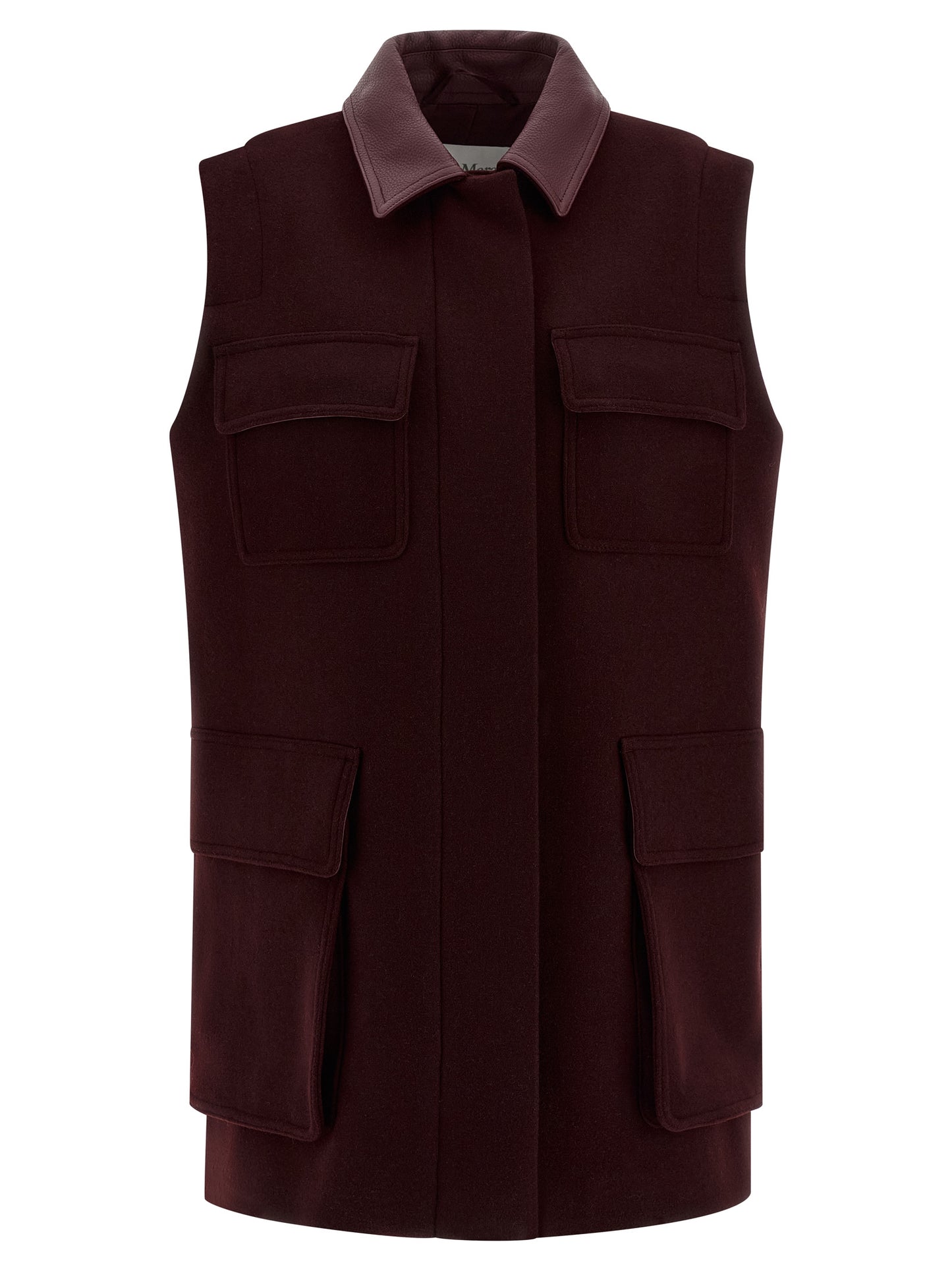 Vest by Max Mara for women in cashmere alpaca virgin wool bordeaux showcases a utilitarian silhouette, artfully incorporating pockets and a utilitarian shirt-collar neckline for a truly utilitarian finish.