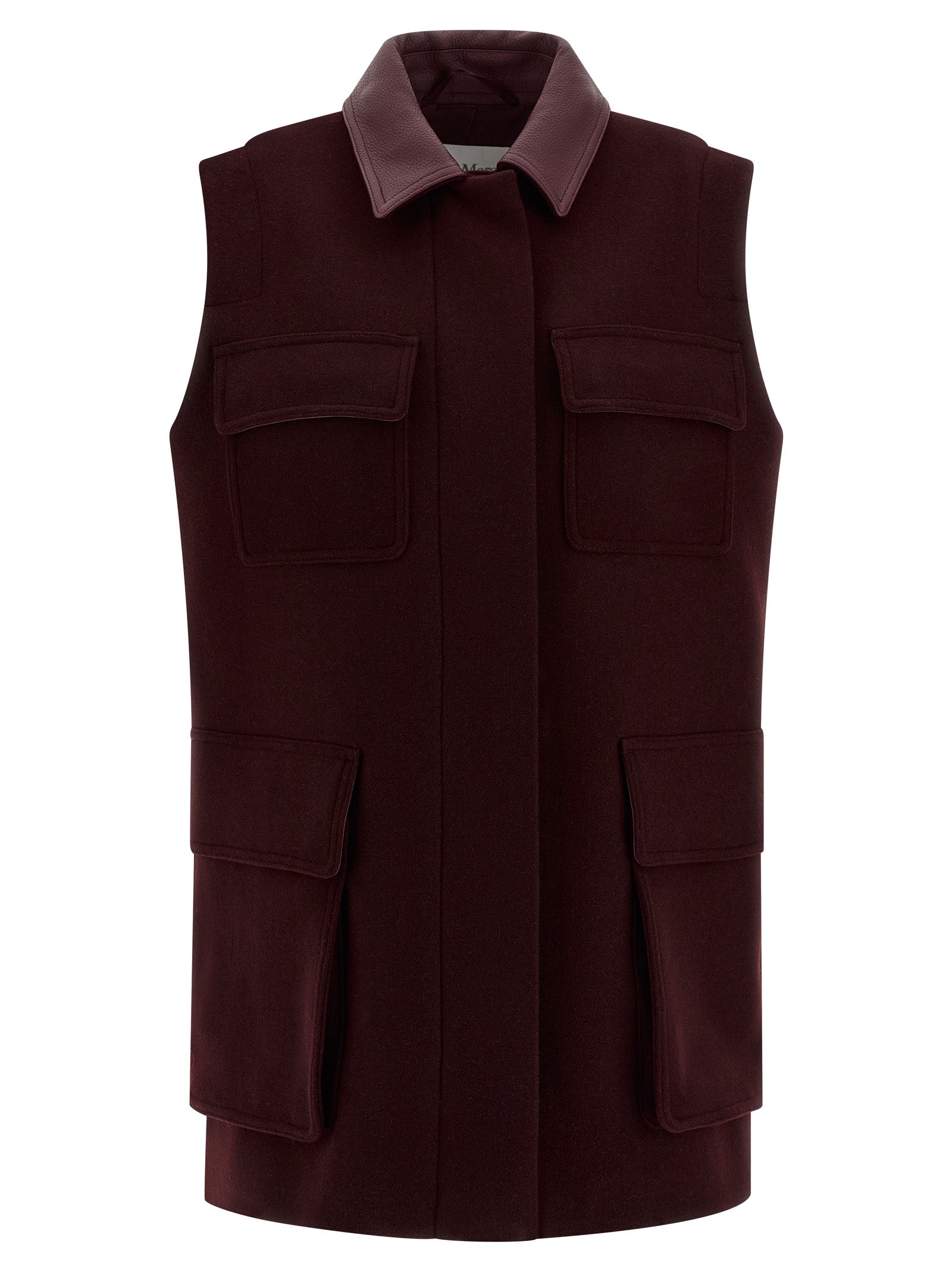 Vest by Max Mara for women in cashmere alpaca virgin wool bordeaux showcases a utilitarian silhouette, artfully incorporating pockets and a utilitarian shirt-collar neckline for a truly utilitarian finish.