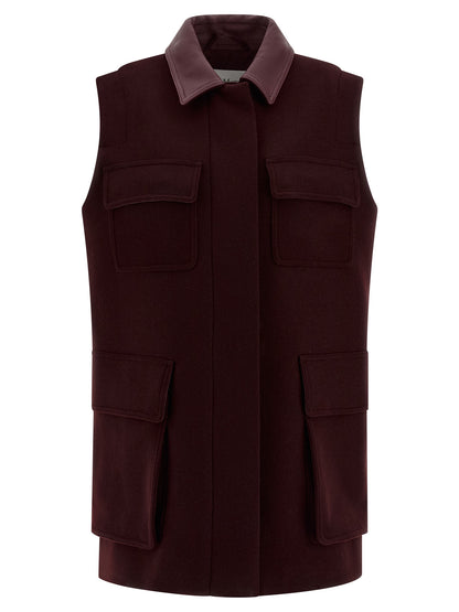Vest by Max Mara for women in cashmere alpaca virgin wool bordeaux showcases a utilitarian silhouette, artfully incorporating pockets and a utilitarian shirt-collar neckline for a truly utilitarian finish.