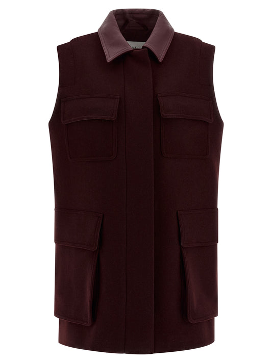 Vest by Max Mara for women in cashmere alpaca virgin wool bordeaux showcases a utilitarian silhouette, artfully incorporating pockets and a utilitarian shirt-collar neckline for a truly utilitarian finish.