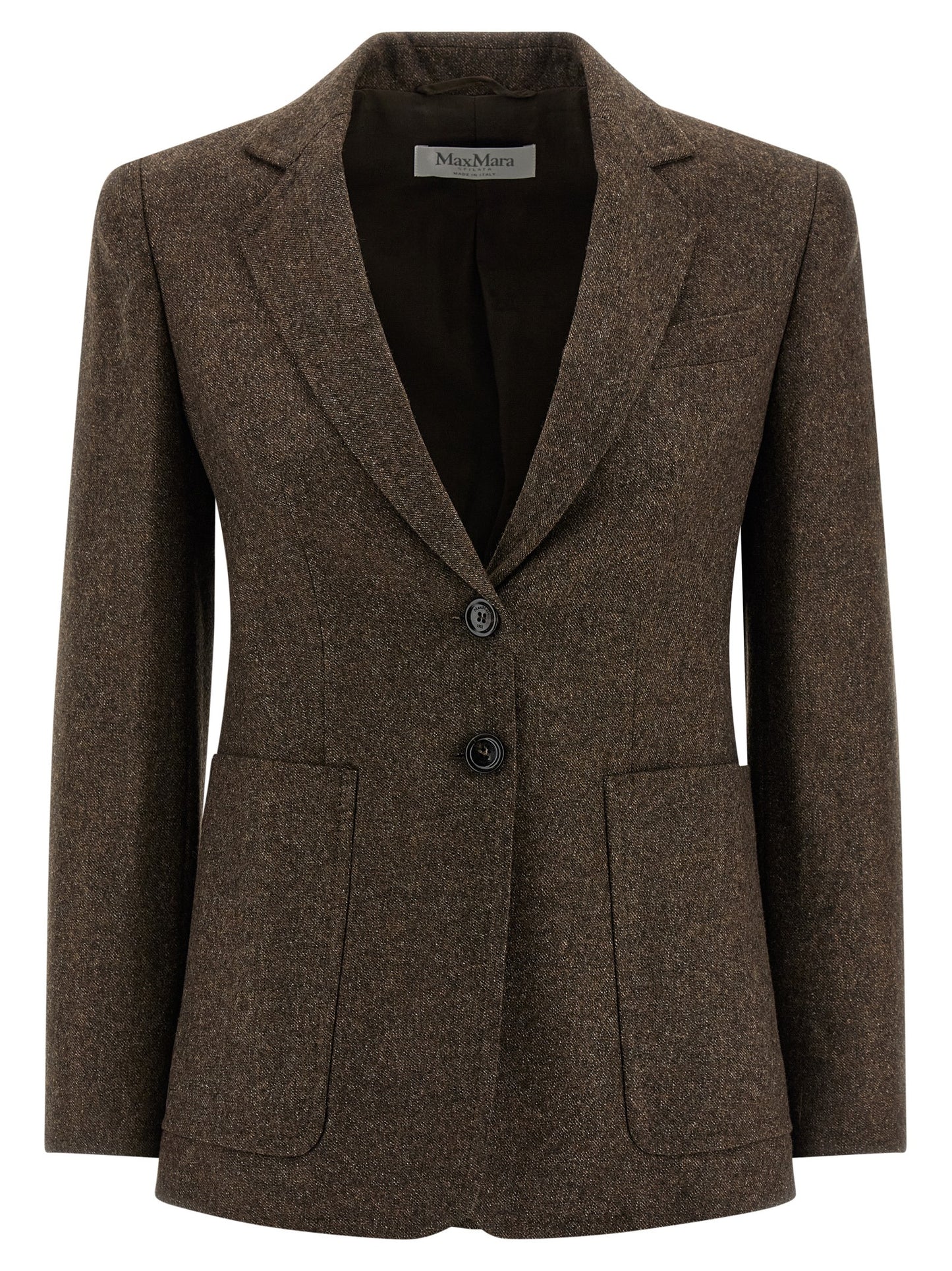 Blazer by Max Mara for women in virgin wool tweed brown, jacquard & monogram presents a distinguished silhouette, detailed with a distinguished and distinctive for a truly sophisticated finish.