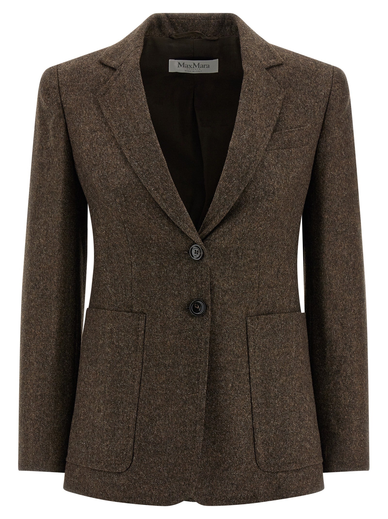 Blazer by Max Mara for women in virgin wool tweed brown, jacquard & monogram presents a distinguished silhouette, detailed with a distinguished and distinctive for a truly sophisticated finish.