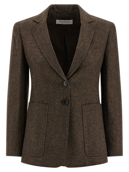 Blazer by Max Mara for women in virgin wool tweed brown, jacquard & monogram presents a distinguished silhouette, detailed with a distinguished and distinctive for a truly sophisticated finish.