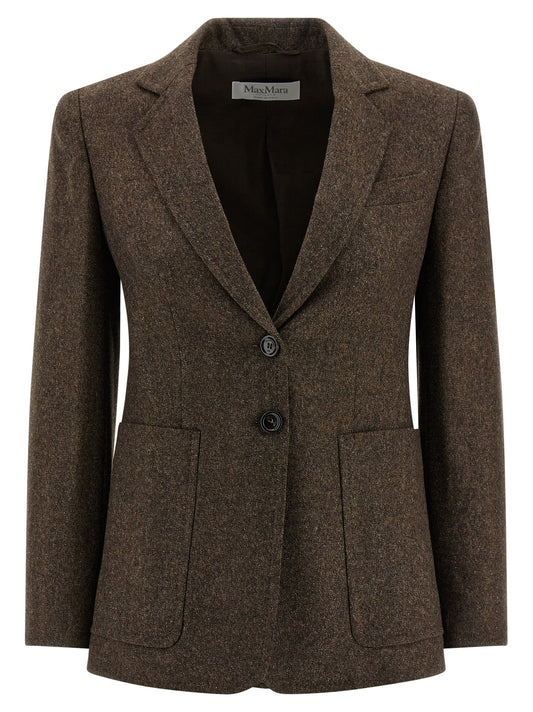 Blazer by Max Mara for women in virgin wool tweed brown, jacquard & monogram presents a distinguished silhouette, detailed with a distinguished and distinctive for a truly sophisticated finish.