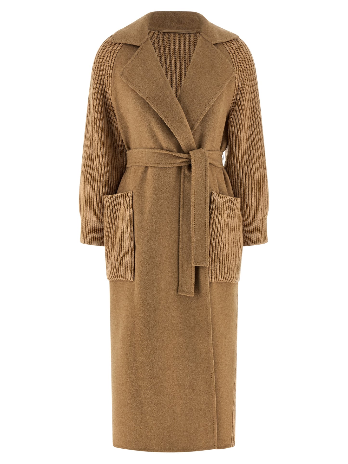 Trench Coat by Max Mara for women in wool and beige & camel presents a exquisite silhouette, showcasing a exquisite lapel neckline and functional pockets for an elevated aesthetic.