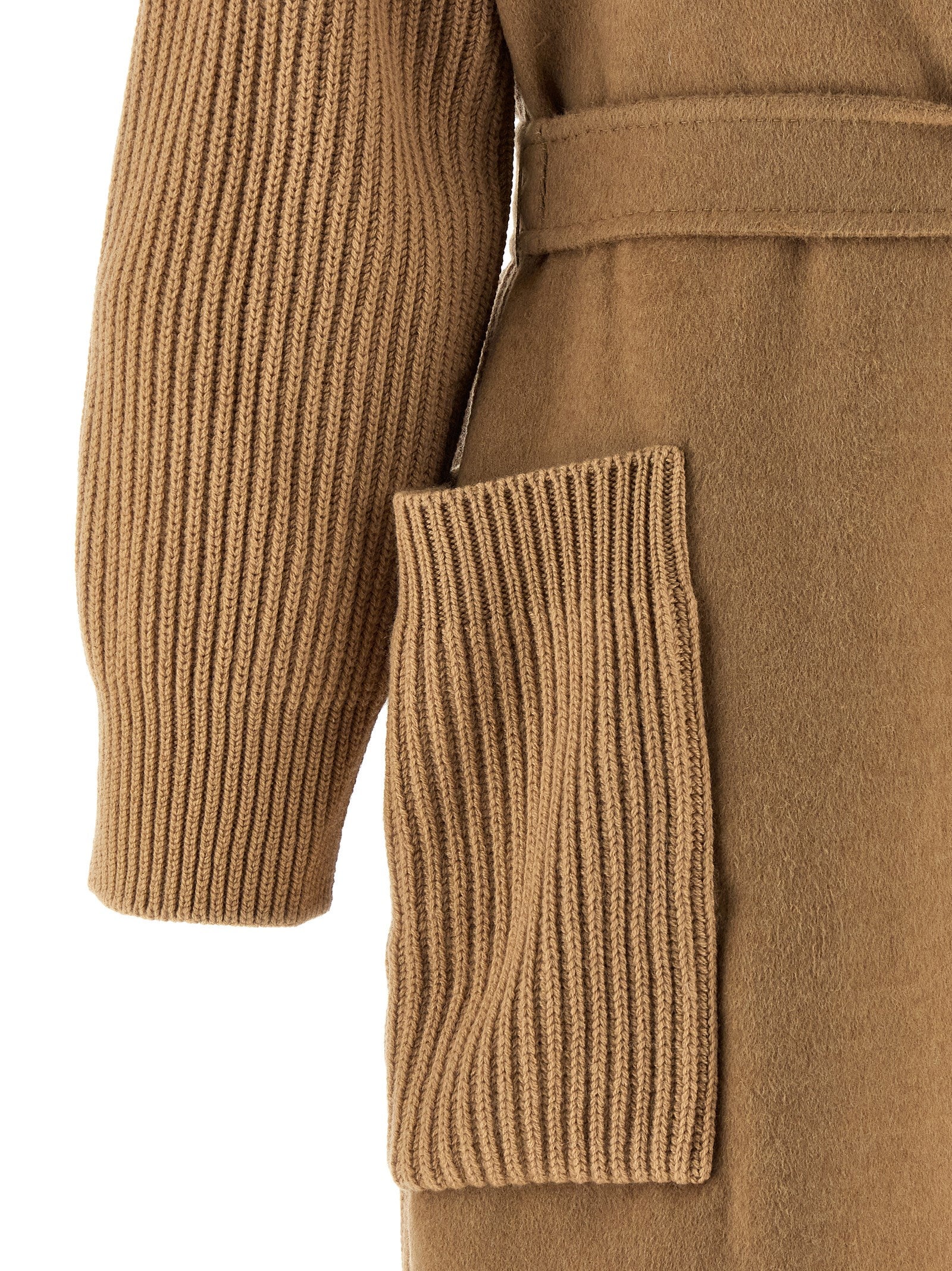 Trench Coat by Max Mara for women in wool beige & camel presents an sculptural silhouette, artfully detailed with a sculptural and functional pockets for a truly sculptural finish.