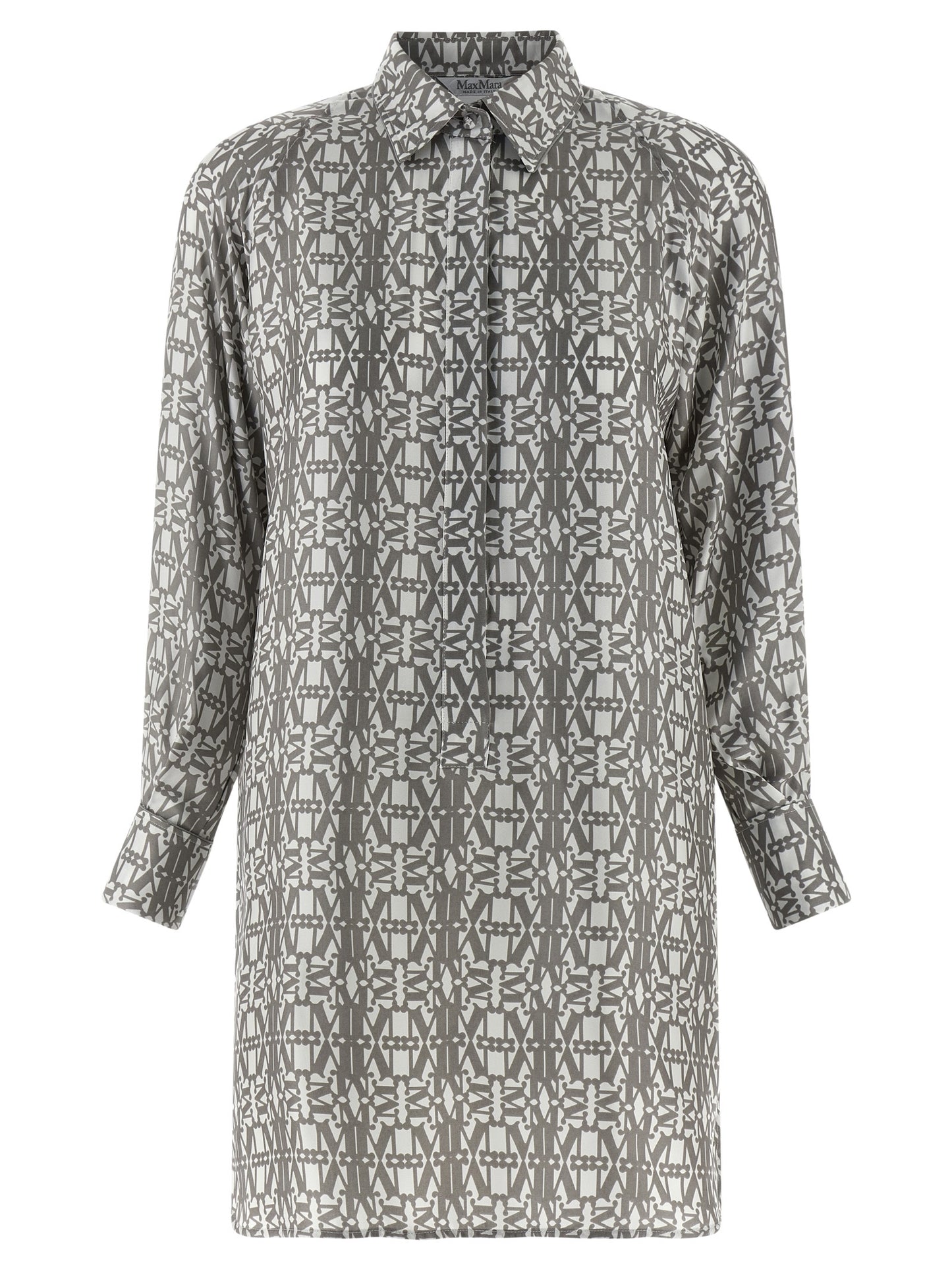 Dress by Max Mara for women in silk twill gray, signature, monogram & print presents a sinuous silhouette, showcasing a sophisticated and long-sleeve detailed with a sinuous short mini for a refined finish.