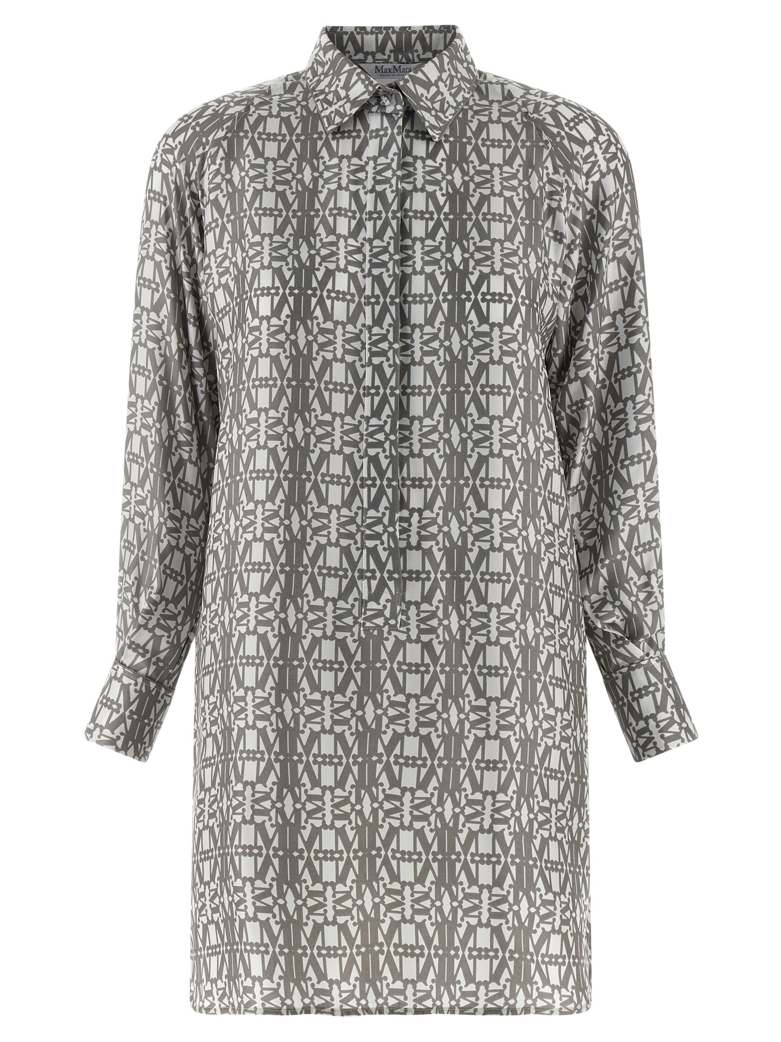 Dress by Max Mara for women in silk twill gray, signature, monogram & print presents a sinuous silhouette, showcasing a sophisticated and long-sleeve detailed with a sinuous short mini for a refined finish.