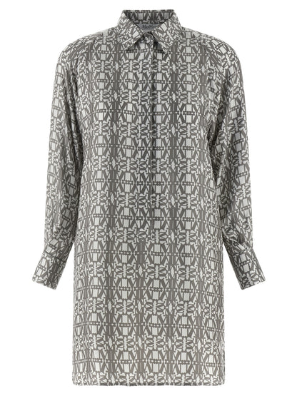 Dress by Max Mara for women in silk twill gray, signature, monogram & print presents a sinuous silhouette, showcasing a sophisticated and long-sleeve detailed with a sinuous short mini for a refined finish.