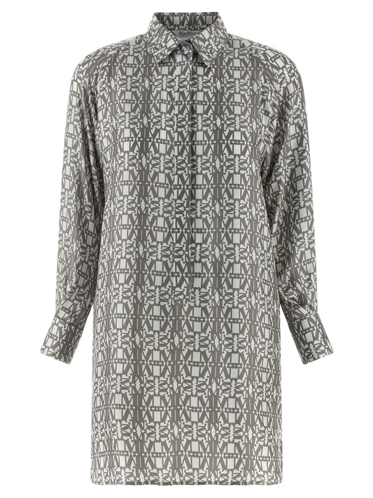 Dress by Max Mara for women in silk twill gray, signature, monogram & print presents a sinuous silhouette, showcasing a sophisticated and long-sleeve detailed with a sinuous short mini for a refined finish.