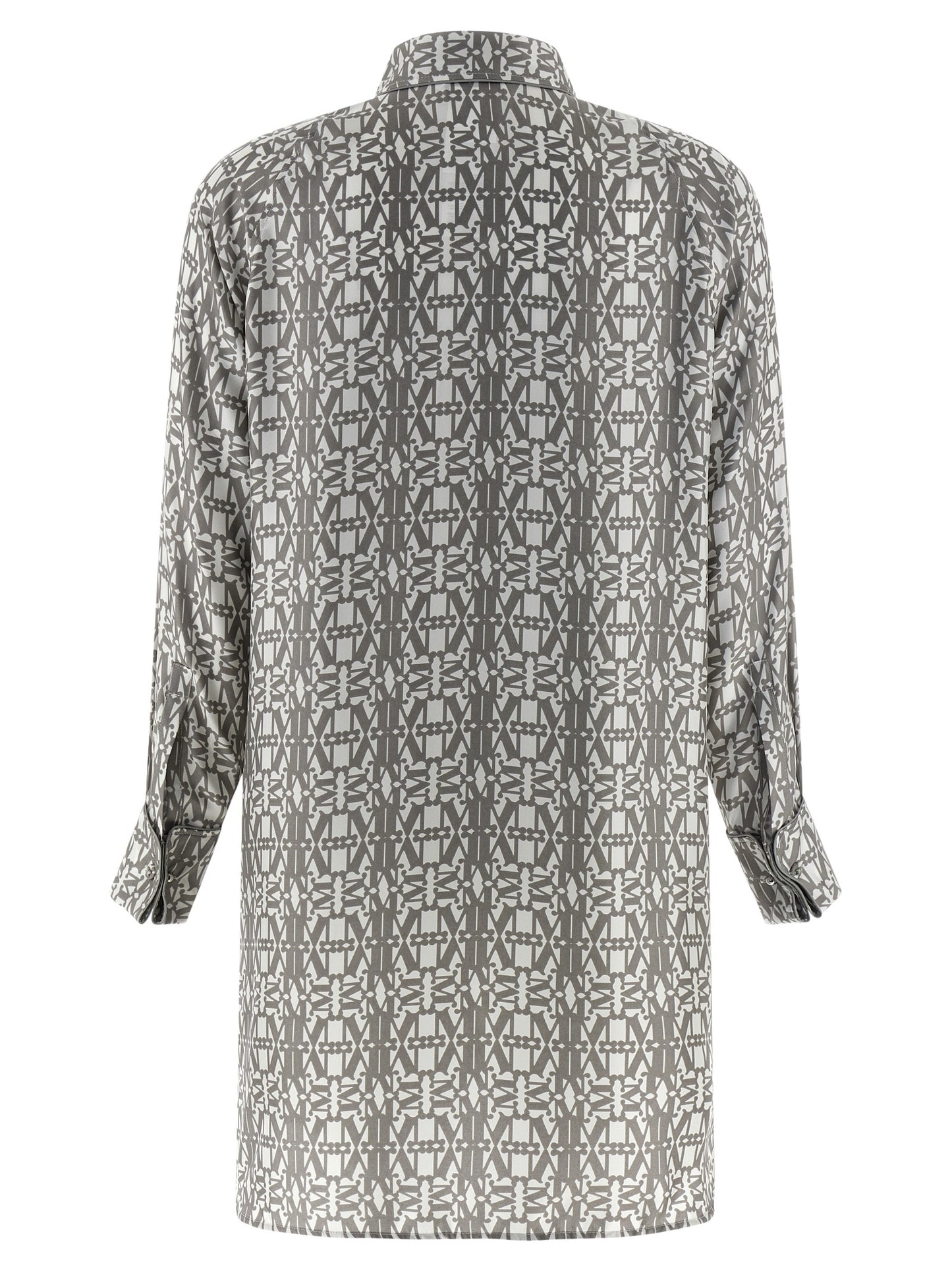 Dress by Max Mara for women in silk twill gray, signature, monogram & print features a dramatic silhouette, showcasing an elegant and that flows into a dramatic short mini.
