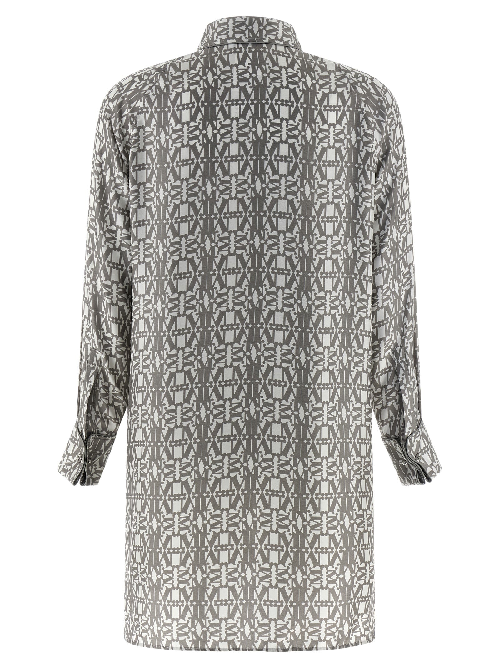 Dress by Max Mara for women in silk twill gray, signature, monogram & print features a dramatic silhouette, showcasing an elegant and that flows into a dramatic short mini.