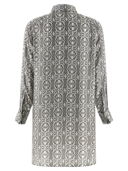Dress by Max Mara for women in silk twill gray, signature, monogram & print features a dramatic silhouette, showcasing an elegant and that flows into a dramatic short mini.