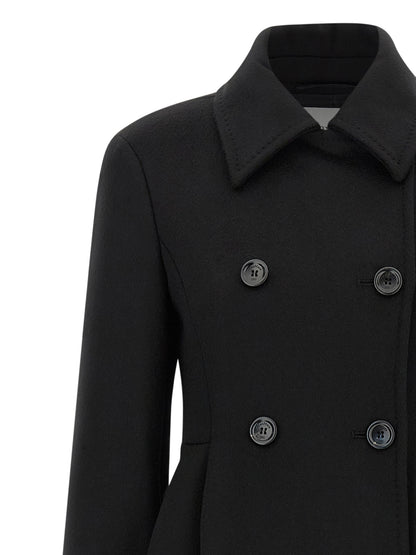 Overcoat by Max Mara for women in wool black & camel features an voluminous silhouette, showcasing distinct and a voluminous shirt-collar neckline for a truly voluminous aesthetic.