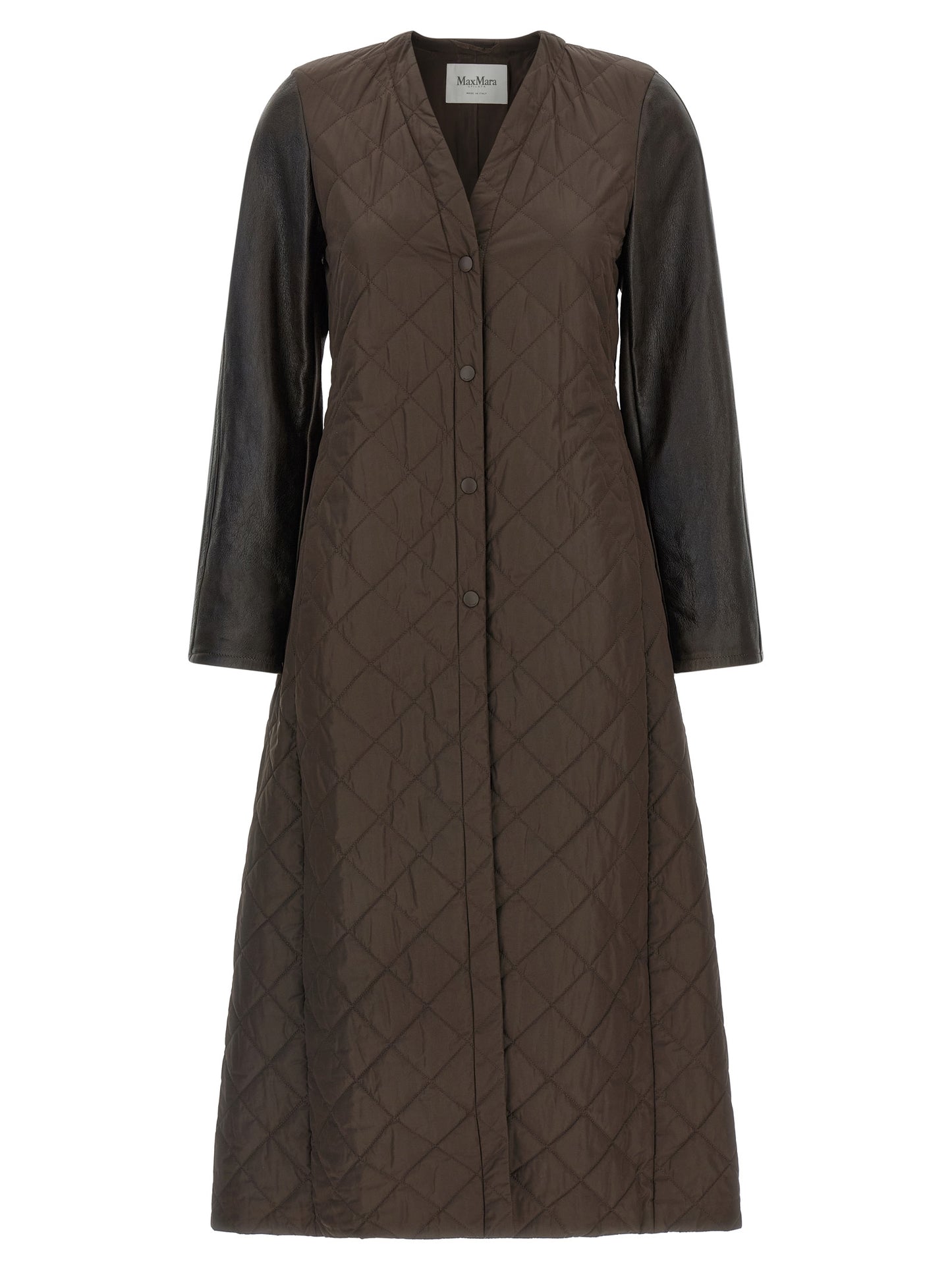 Overcoat by Max Mara for women in polyamide nappa leather brown & monogram features a contemporary silhouette showcasing a contemporary v-neck neckline and refined for a sophisticated finish.