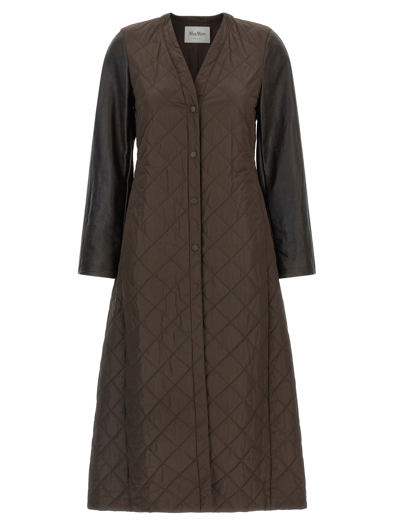 Overcoat by Max Mara for women in polyamide nappa leather brown & monogram features a contemporary silhouette showcasing a contemporary v-neck neckline and refined for a sophisticated finish.
