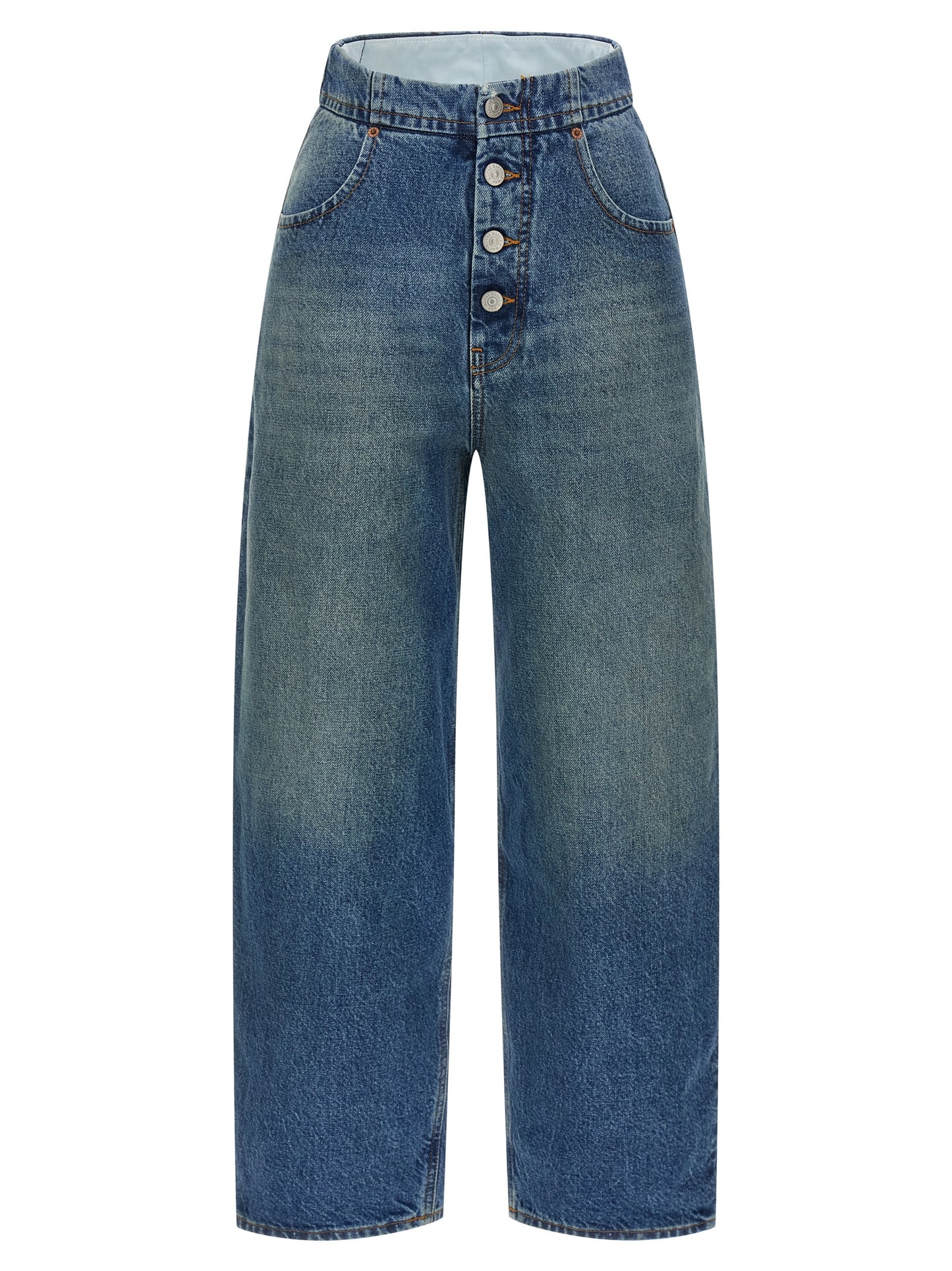 Jeans by MM6 Maison Margiela for women in denim cotton light-blue, white & signature presents a tailored silhouette, showcasing a tailored straight-leg and long cut with a refined high rise for a truly tailored aesthetic.