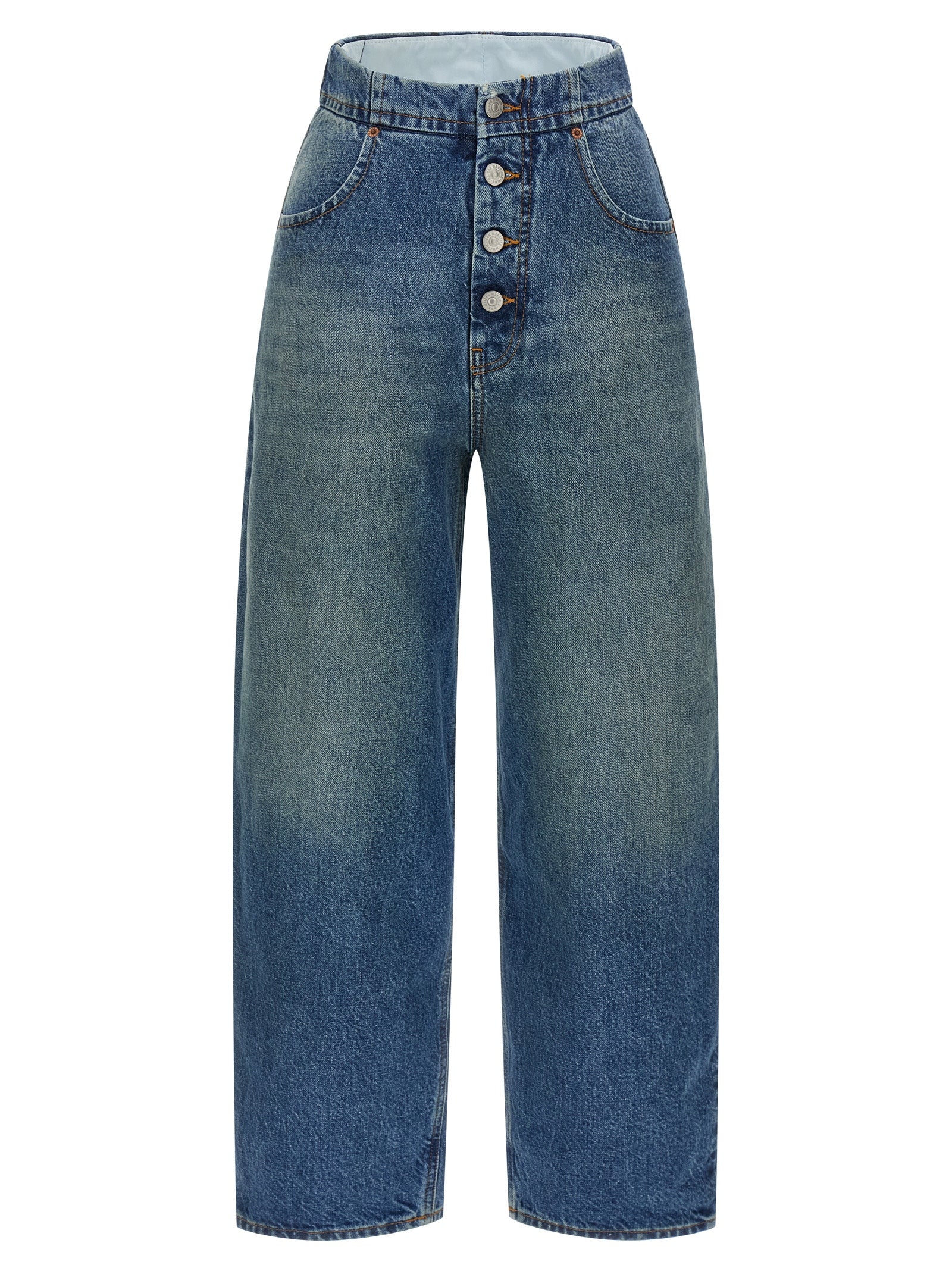 Jeans by MM6 Maison Margiela for women in denim cotton light-blue, white & signature presents a tailored silhouette, showcasing a tailored straight-leg and long cut with a refined high rise for a truly tailored aesthetic.