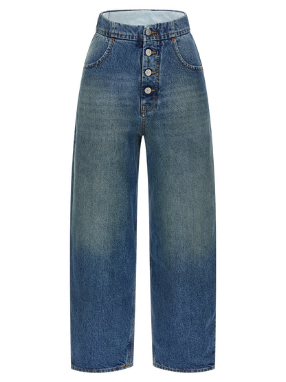 Jeans by MM6 Maison Margiela for women in denim cotton light-blue, white & signature presents a tailored silhouette, showcasing a tailored straight-leg and long cut with a refined high rise for a truly tailored aesthetic.
