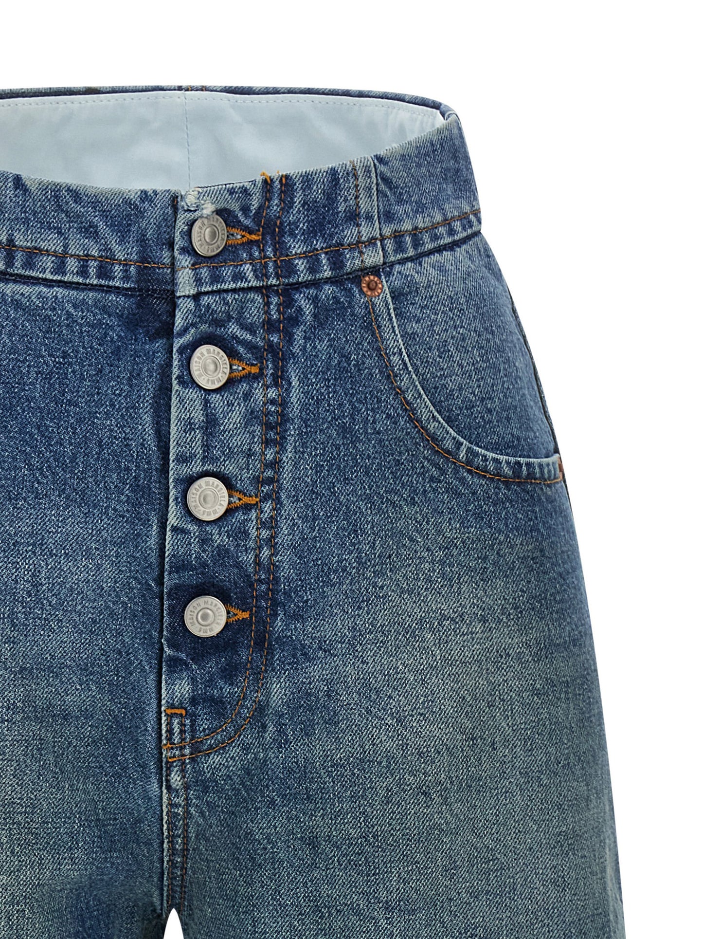 Jeans by MM6 Maison Margiela for women in denim cotton light-blue, white & signature presents a refined pantology silhouette, artfully defined by a refined pantology straight-leg, long, and a sophisticated high rise.