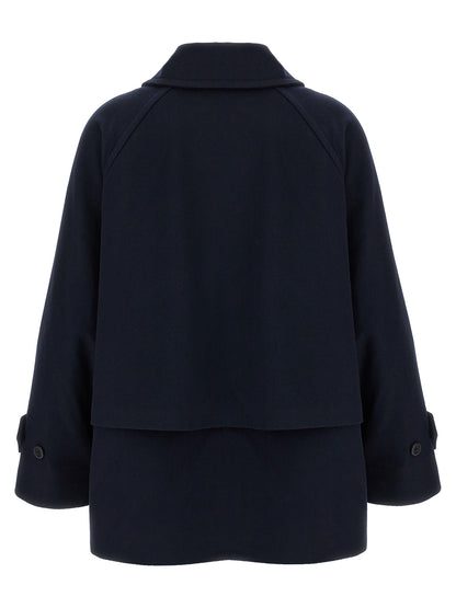 Trench Coat by Alberto Biani for women in viscose & virgin wool blue presents an sculptural silhouette, artfully detailed with a sculptural shirt-collar neckline and functional for a truly sculptural finish.