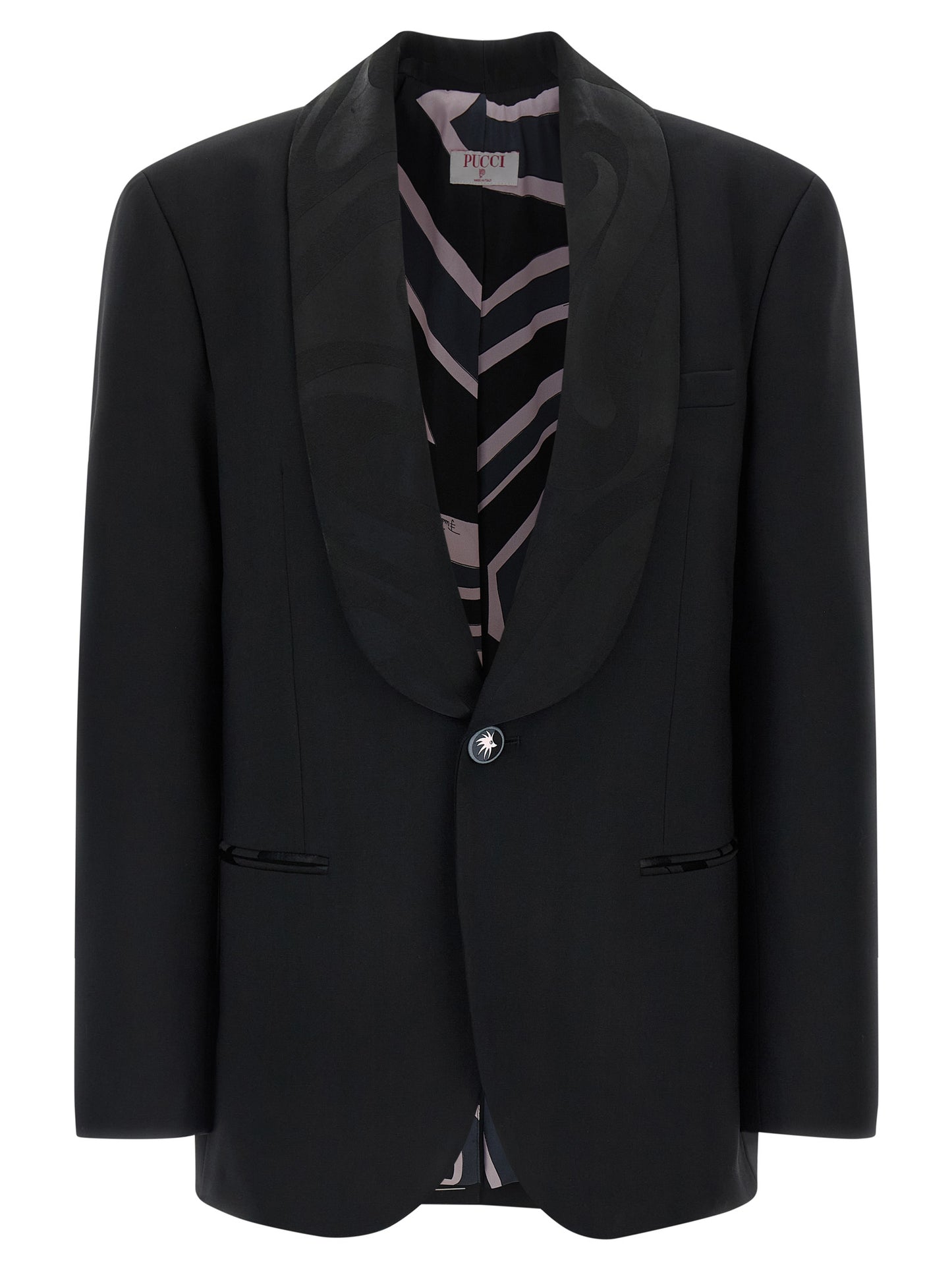 Blazer by Emilio Pucci for women in virgin wool black & print presents a distinguished silhouette, detailed with a distinguished split shawl-collar neckline and distinctive for a truly sophisticated finish.
