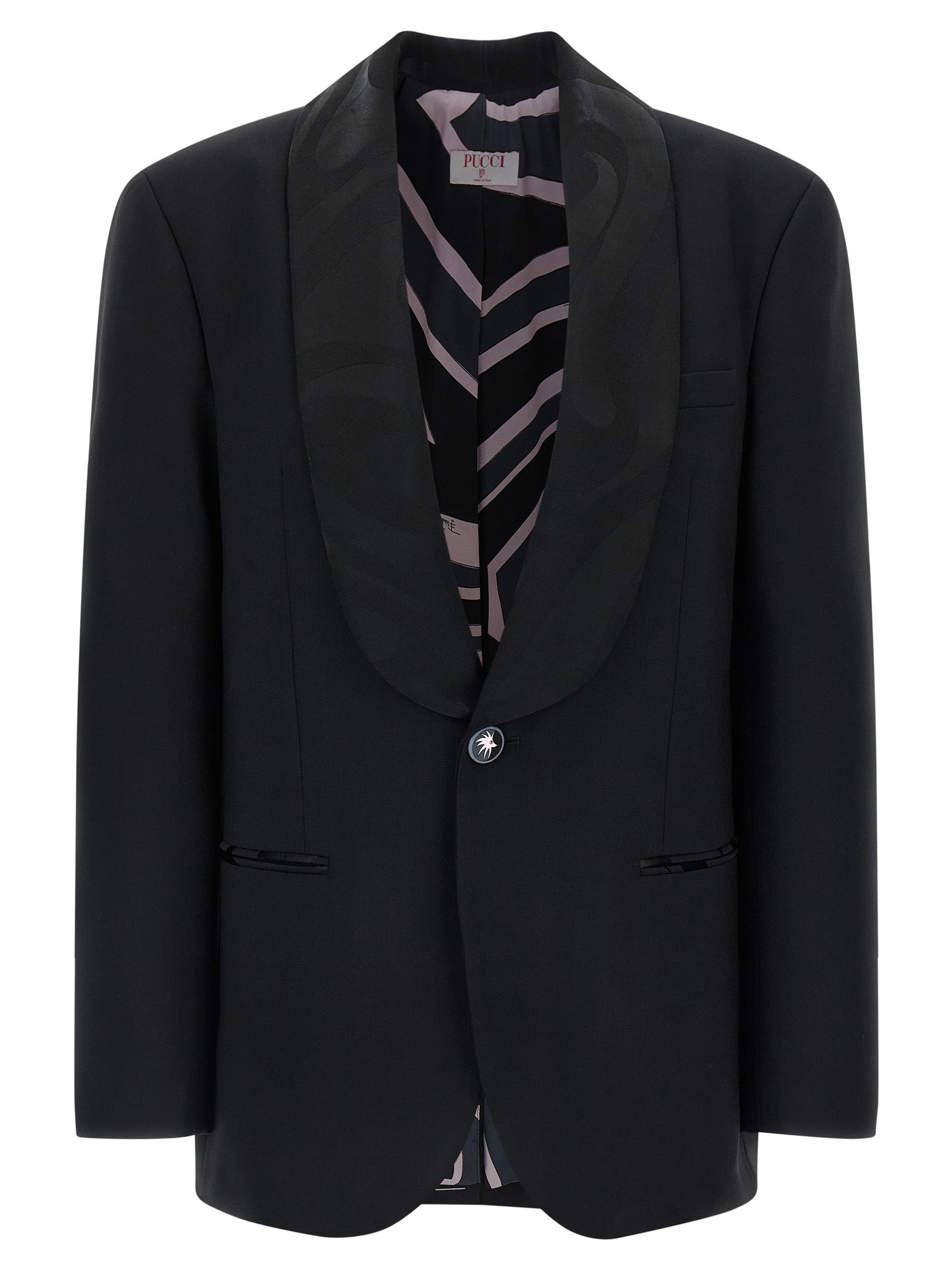 Blazer by Emilio Pucci for women in virgin wool black & print presents a distinguished silhouette, detailed with a distinguished split shawl-collar neckline and distinctive for a truly sophisticated finish.