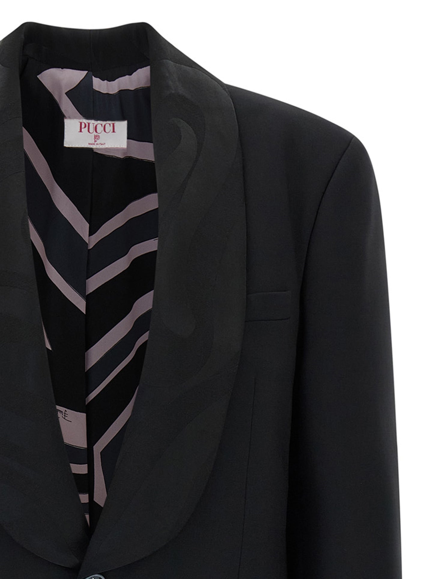 Blazer by Emilio Pucci for women in virgin wool black & print showcases a discerning silhouette, elegantly detailed with a sophisticated split shawl-collar neckline and premium for a truly discerning finish.