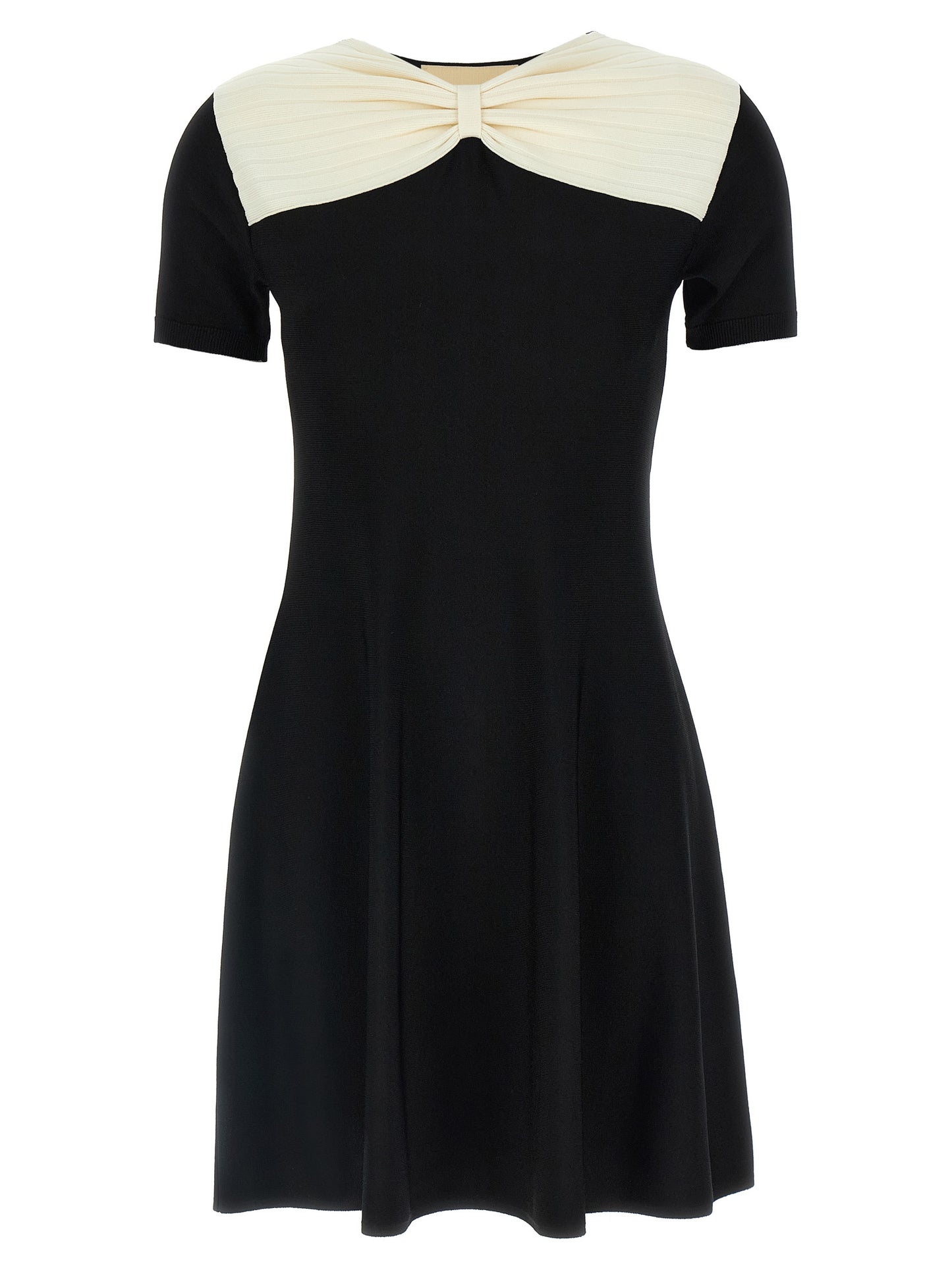 Dress by Valentino Garavani for women in polyester & viscose black features an cute silhouette, detailed with a short-sleeve and v-neck neckline that elegantly flows into a cute short mini.