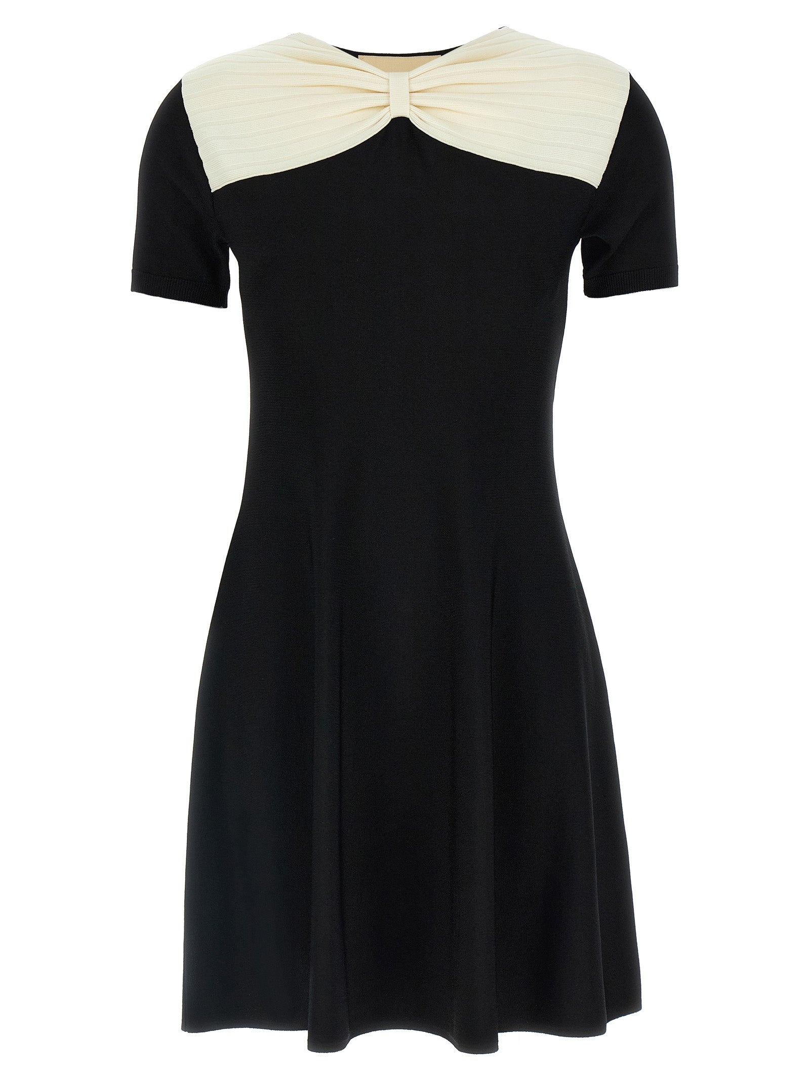 Dress by Valentino Garavani for women in polyester & viscose black features an cute silhouette, detailed with a short-sleeve and v-neck neckline that elegantly flows into a cute short mini.