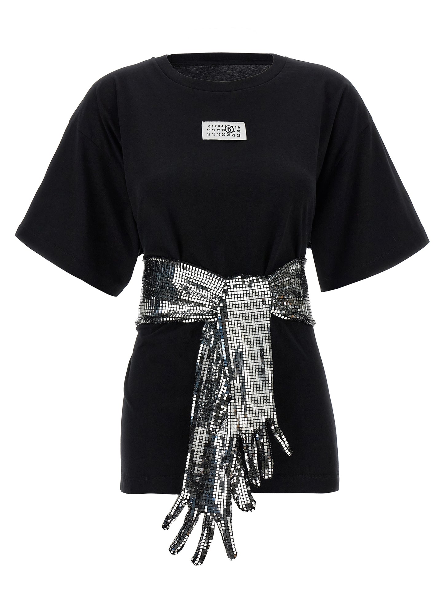 T-Shirt by MM6 Maison Margiela for women in cotton sequins black, white & signature showcases a dramatic silhouette, elegantly detailed with a dramatic crew square neckline and for a truly dramatic finish.