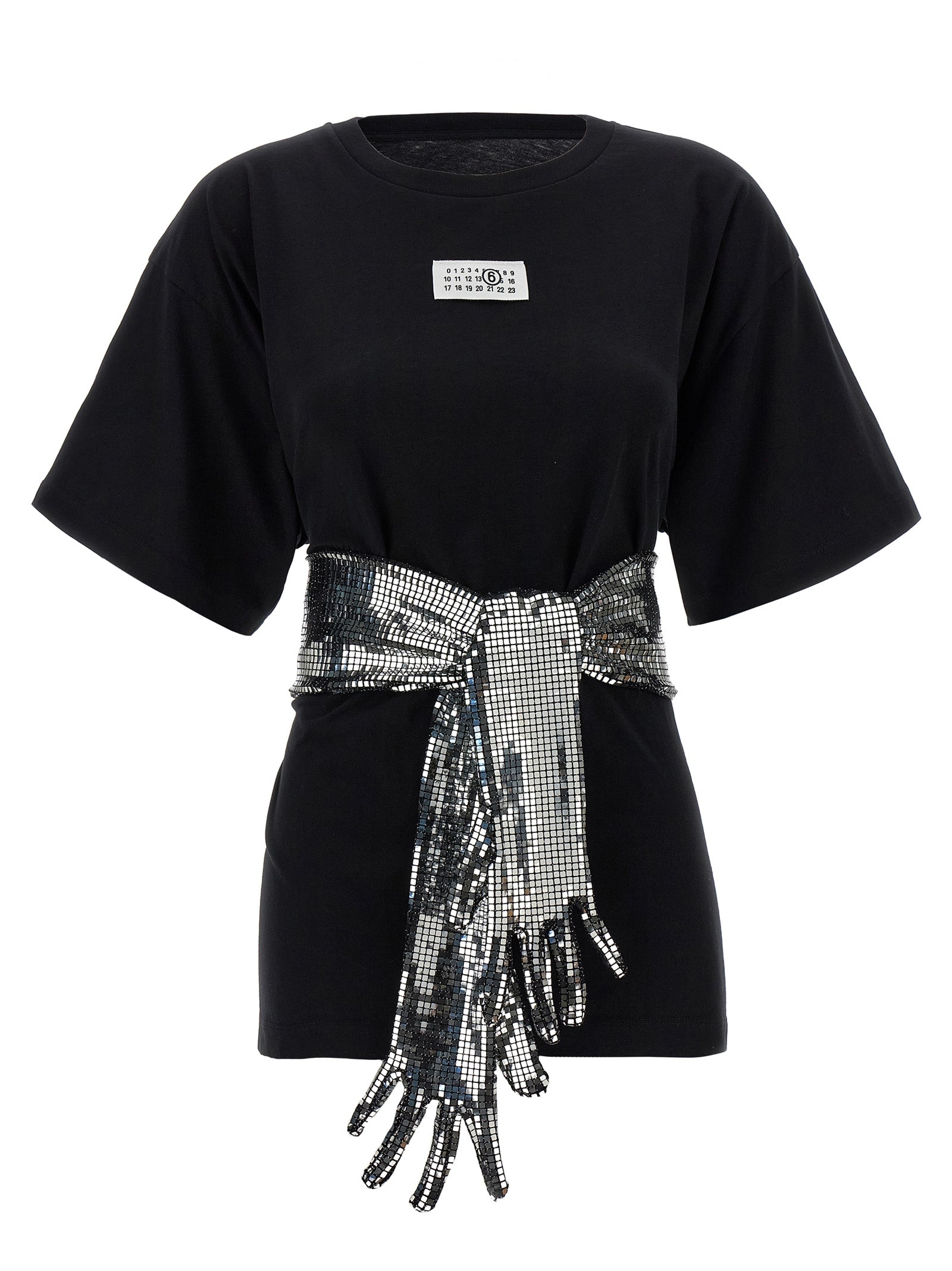 T-Shirt by MM6 Maison Margiela for women in cotton sequins black, white & signature showcases a dramatic silhouette, elegantly detailed with a dramatic crew square neckline and for a truly dramatic finish.