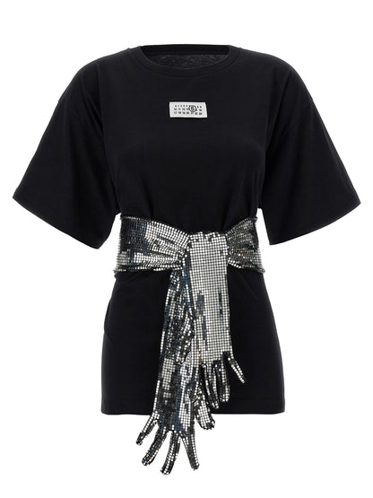 T-Shirt by MM6 Maison Margiela for women in cotton sequins black, white & signature showcases a dramatic silhouette, elegantly detailed with a dramatic crew square neckline and for a truly dramatic finish.