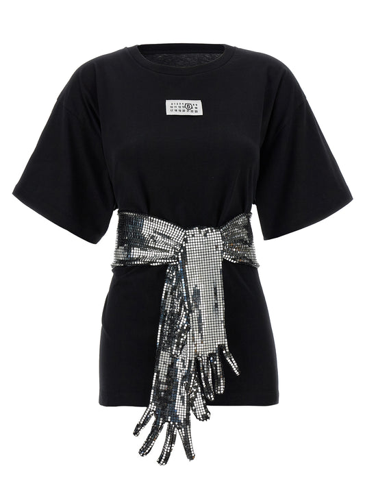 T-Shirt by MM6 Maison Margiela for women in cotton sequins black, white & signature showcases a dramatic silhouette, elegantly detailed with a dramatic crew square neckline and for a truly dramatic finish.