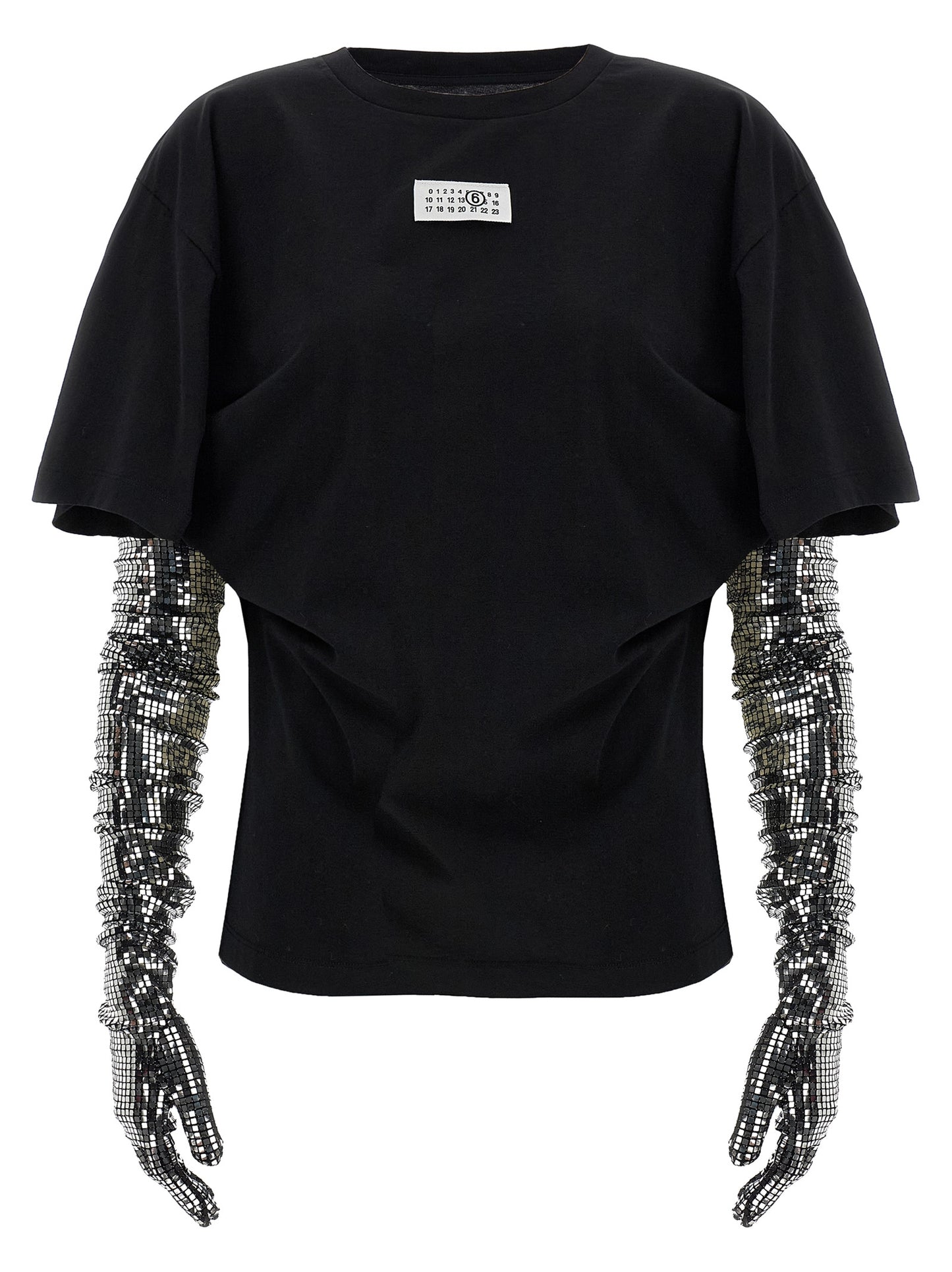 T-Shirt by MM6 Maison Margiela for women in cotton sequins black, white & signature showcases a unassuming silhouette, artfully detailed with a refined crew square neckline and unassuming for a sophisticated, contemporary look.