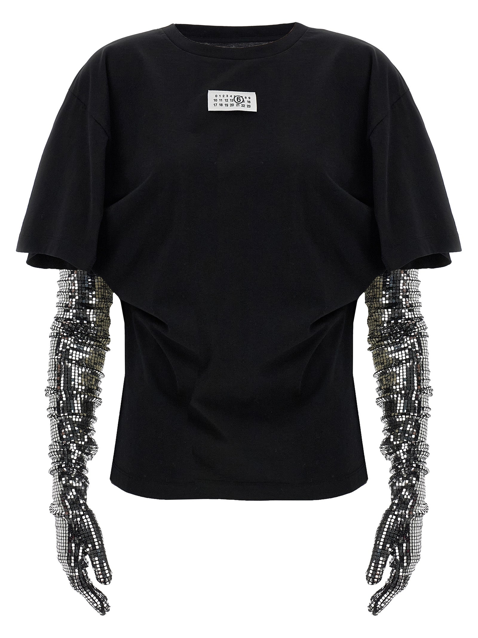 T-Shirt by MM6 Maison Margiela for women in cotton sequins black, white & signature showcases a unassuming silhouette, artfully detailed with a refined crew square neckline and unassuming for a sophisticated, contemporary look.