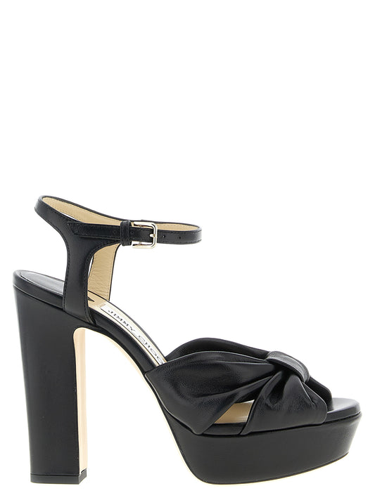 Platform Stiletto Ankle Strap Sandals by Jimmy Choo for women in leather & satin black presents a sculptural silhouette, showcasing the Women's Leather & Satin Platform Stiletto Ankle Strap Sandals design with a sculptural stiletto platform and for a premium look.