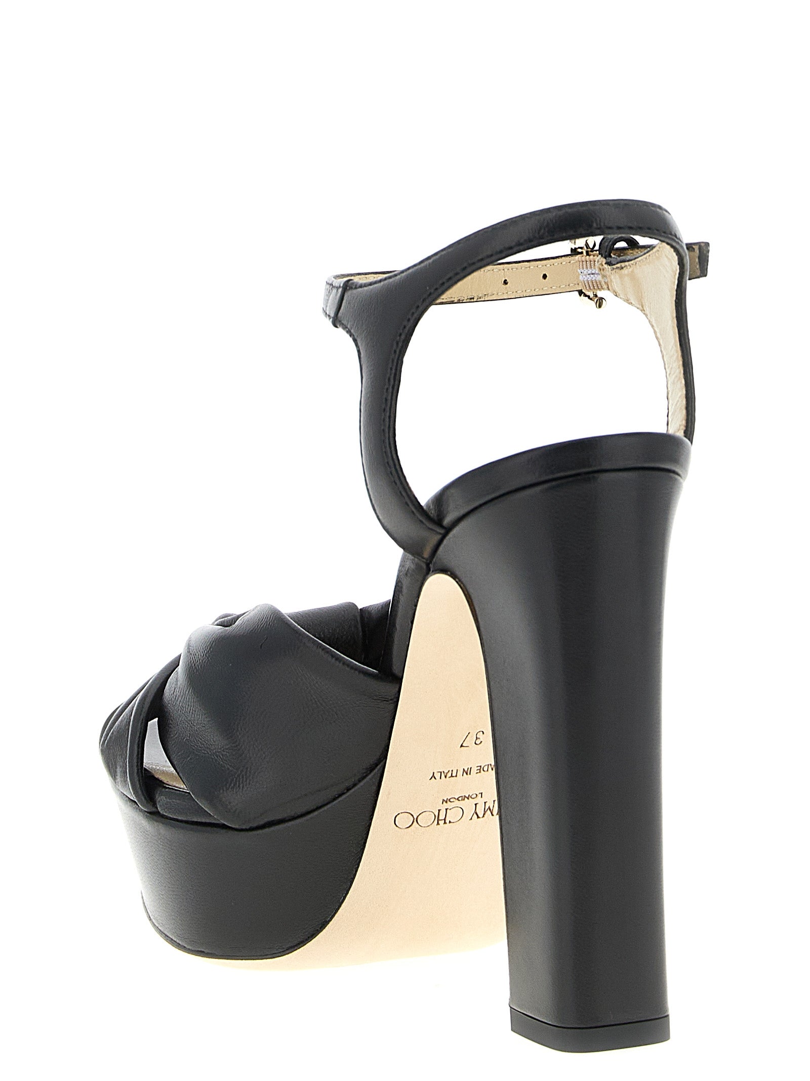 Platform Stiletto Ankle Strap Sandals by Jimmy Choo for women in leather & satin black showcases a sculptural silhouette as Women's Leather & Satin Platform Stiletto Ankle Strap Sandals, defined by a sculptural stiletto platform and sculptural for a sculptural look.