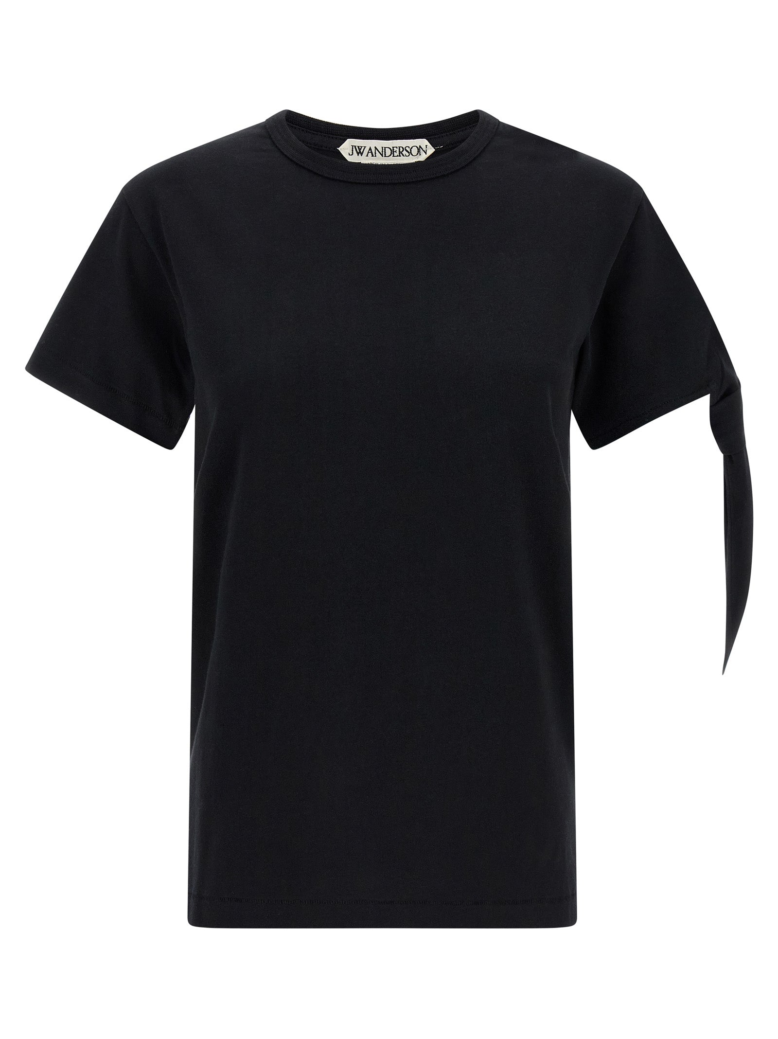 T-Shirt by J.W.Anderson for women in cotton black showcases a dramatic silhouette, elegantly detailed with a dramatic crew neckline and short-sleeve for a truly dramatic finish.