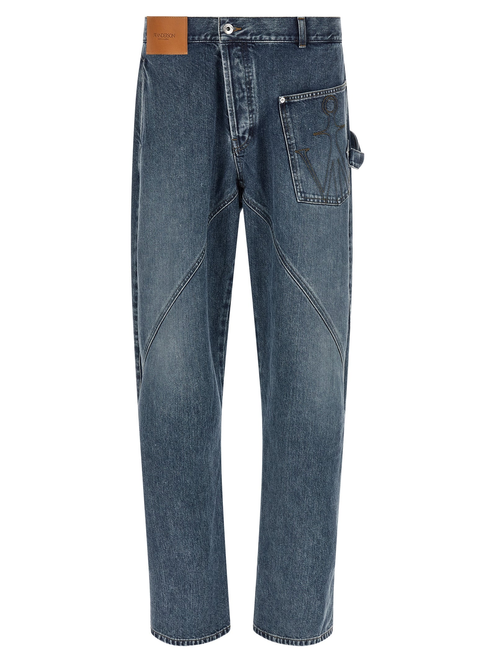 Jeans by J.W.Anderson for men in cotton denim blue & signature presents a tailored silhouette, showcasing a tailored wide and long cut with a refined low rise for a truly tailored aesthetic.