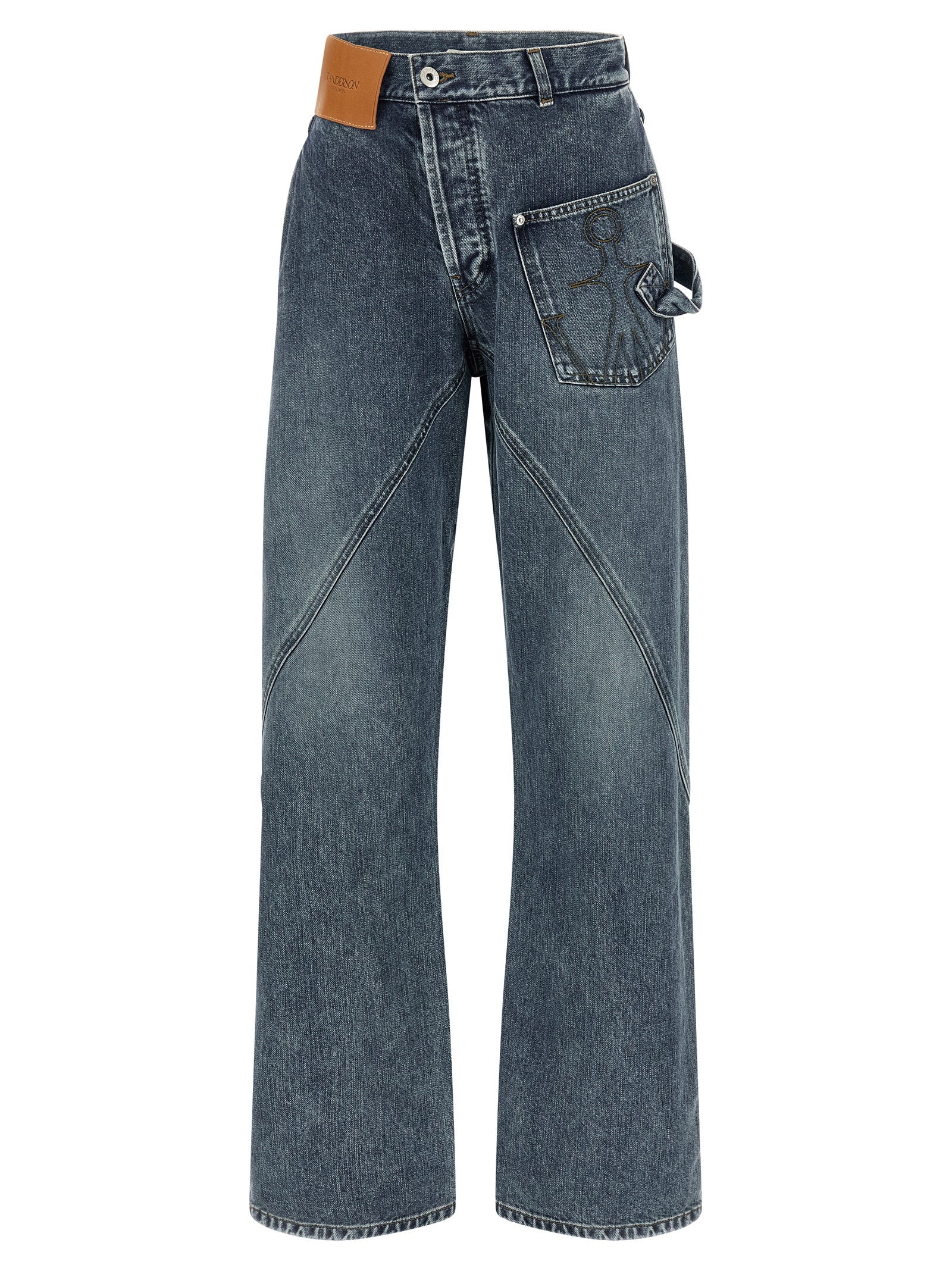 Jeans by J.W.Anderson for women in cotton denim blue presents a tailored silhouette, showcasing a tailored wide and long cut with a refined low rise for a truly tailored aesthetic.
