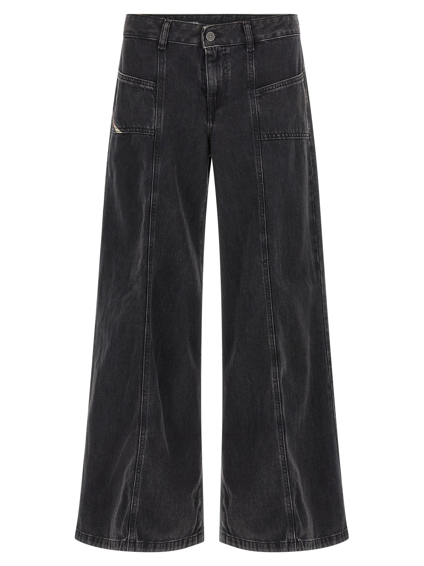 Jeans by Diesel for women in lyocell & denim cotton black presents a tailored silhouette, showcasing a tailored wide and long cut with a refined mid rise for a truly tailored aesthetic.