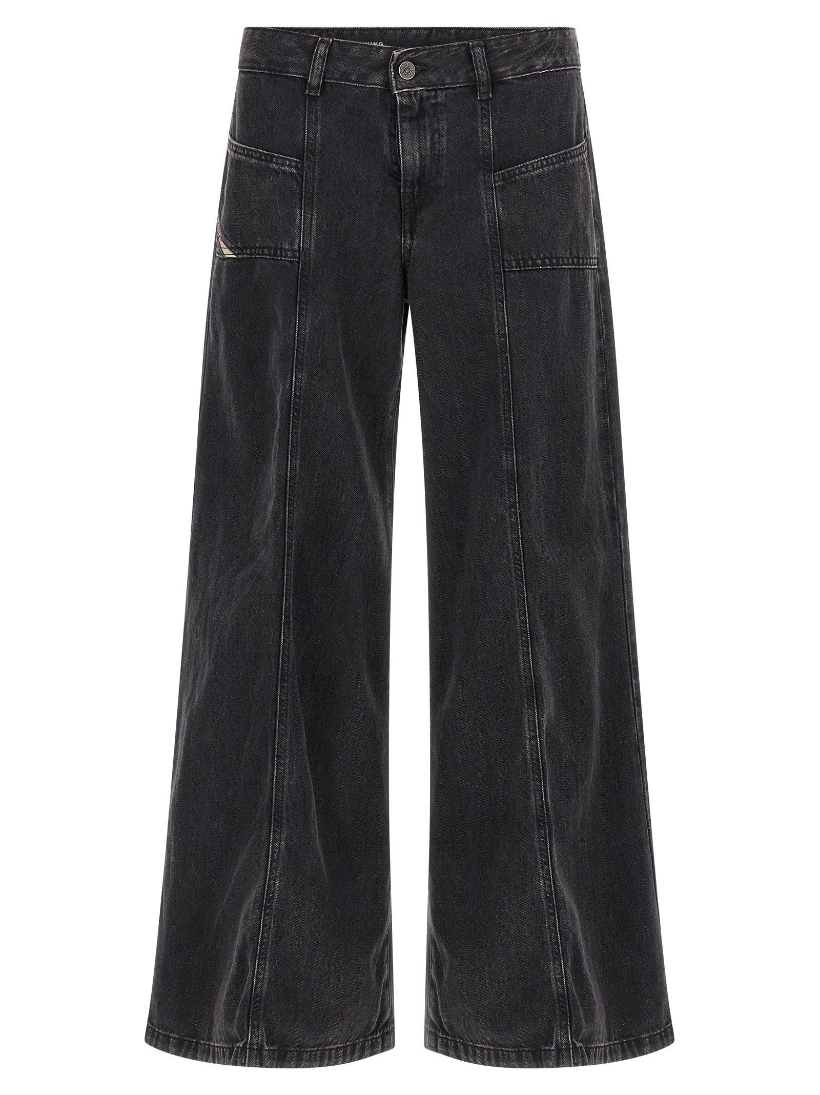 Jeans by Diesel for women in lyocell & denim cotton black presents a tailored silhouette, showcasing a tailored wide and long cut with a refined mid rise for a truly tailored aesthetic.