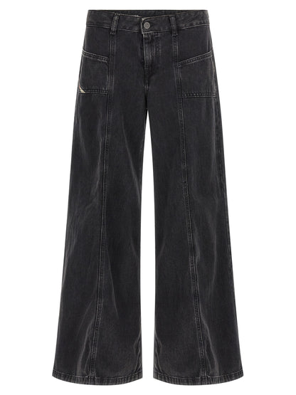 Jeans by Diesel for women in lyocell & denim cotton black presents a tailored silhouette, showcasing a tailored wide and long cut with a refined mid rise for a truly tailored aesthetic.