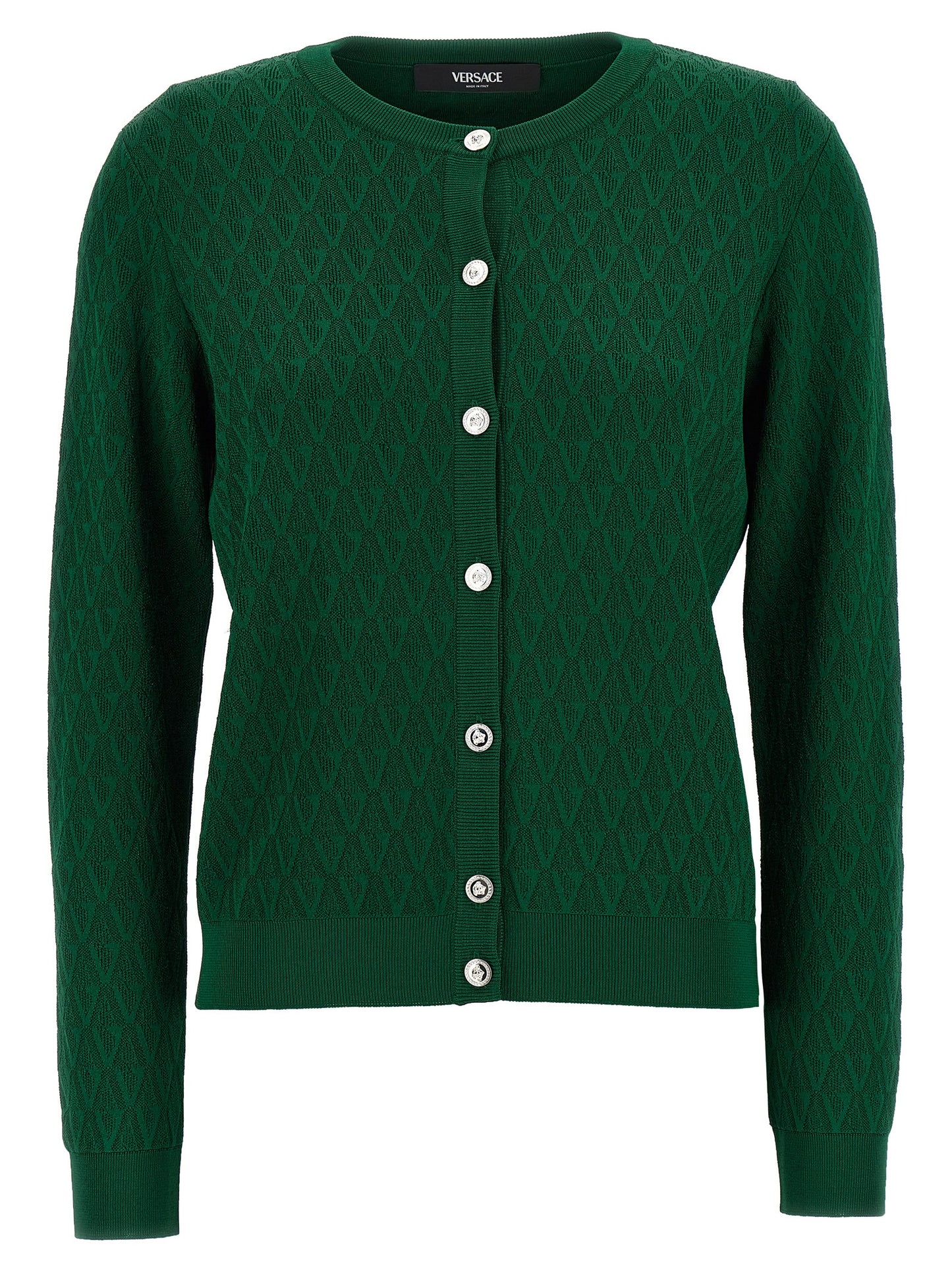 Cardigan by Versace for women in viscose & nylon bicolour, green, patterned & jacquard features an crisp silhouette, showcasing a sophisticated crew neckline and detail for a truly crisp finish.