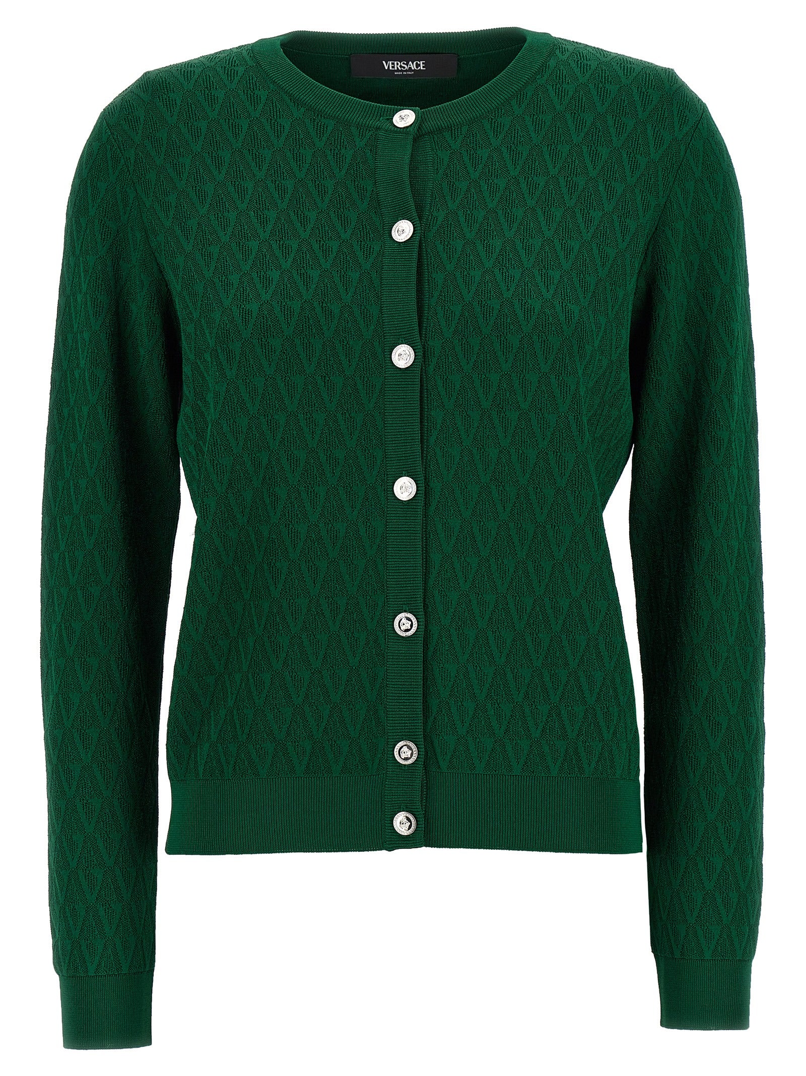 Cardigan by Versace for women in viscose & nylon bicolour, green, patterned & jacquard features an crisp silhouette, showcasing a sophisticated crew neckline and detail for a truly crisp finish.