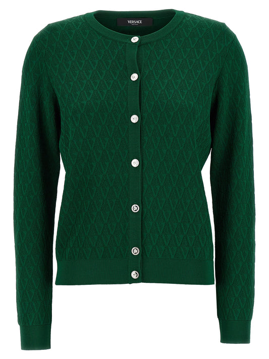 Cardigan by Versace for women in viscose & nylon bicolour, green, patterned & jacquard features an crisp silhouette, showcasing a sophisticated crew neckline and detail for a truly crisp finish.